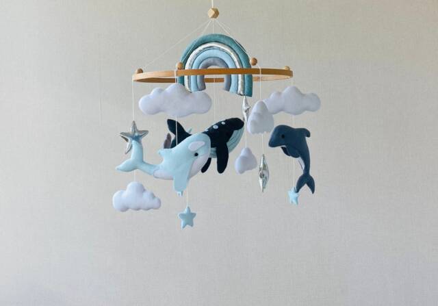 Whale Mobile, Rainbow Ocean Mobile, Personalized Nursery Mobile, Baby Shower Gift, Narwhal Dolphin, Hanging Crib Newborn Present - image 1