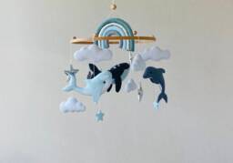 Whale Mobile, Rainbow Ocean Mobile, Personalized Nursery Mobile, Baby Shower Gift, Narwhal Dolphin, Hanging Crib Newborn Present - thumbnail 1