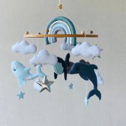 Whale Mobile, Rainbow Ocean Mobile, Personalized Nursery Mobile, Baby Shower Gift, Narwhal Dolphin, Hanging Crib Newborn Present - thumbnail 3