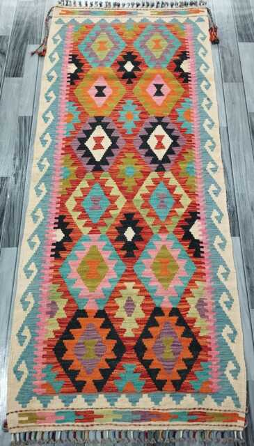 Multicolour Runner Rug, Handmade Artisan Afghan Turkish Scandinavian Navajo Bohemian Flatweave Wool Kilim Rug 197x81 cm - image 1