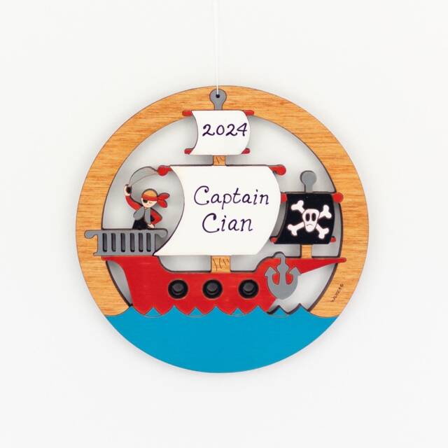 Personalized Pirate Ship Christmas Ornament - Wood, Laser Cut, Hand Painted - image 1