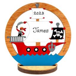 Personalized Pirate Ship Christmas Ornament - Wood, Laser Cut, Hand Painted - thumbnail 2