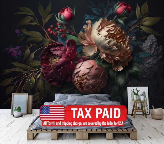 Baroque Flowers Rich Deep Colors Peonies Gift, Art Print Photomural Wallpaper Mural Easy-Install Removeable Peel & Stick Large Wall Decal