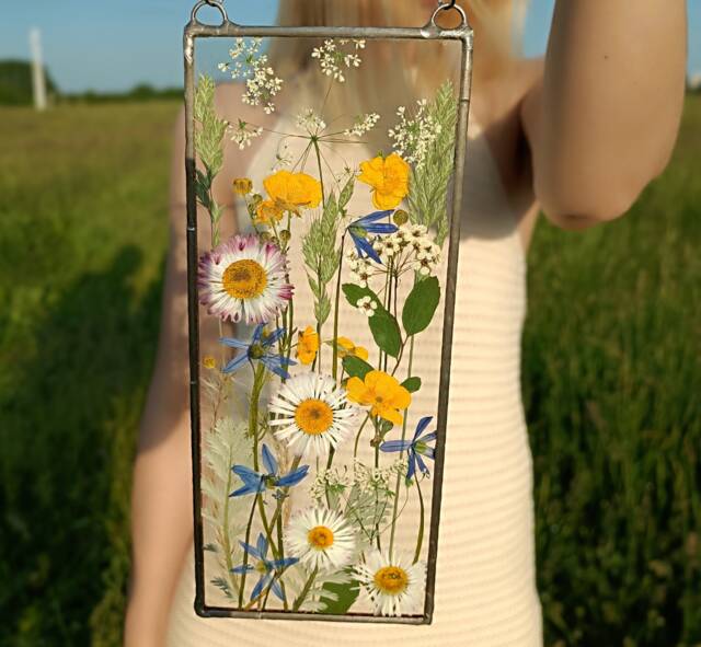 Pressed Flower Art in Stained Glass Frame, Botanical Wall Art, Suncatcher - image 1