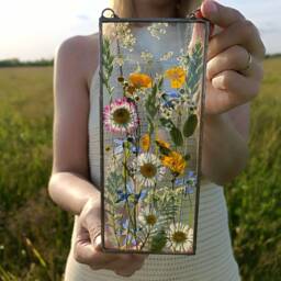 Pressed Flower Art in Stained Glass Frame, Botanical Wall Art, Suncatcher - thumbnail 2