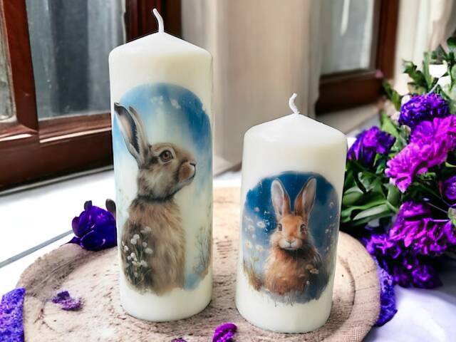Set Of 2 Bunny Rabbit Tall Pillar Candles, Themed Candle Gift Set, Blue Home Decorations, Centre Pieces - image 1