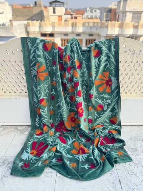 Handmade Velvet Suzani Quilt With Colorful Floral Embroidery For Bedspread Or Wall Hanging - image 1
