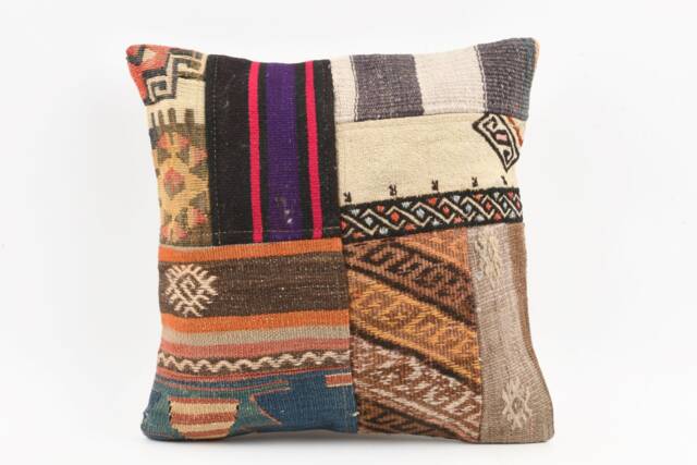 Vintage Turkish Kilim Pillow Cover Handwoven Wool Cushion, 16x16 - image 1