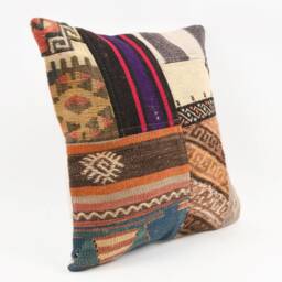Vintage Turkish Kilim Pillow Cover Handwoven Wool Cushion, 16x16 - thumbnail 3