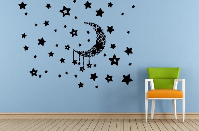 Space Night Sky Many Stars Moon Baby Kids Child's Room Nursery Wall Vinyl Mural Art Decor Decal Sticker L1652 - image 1
