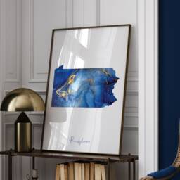 Pennsylvania Map Blue & Gold Wall Art Print - Us State United States Of America Usa - thumbnail 1