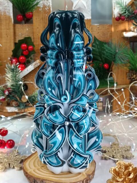 xlarge Colorful & Unique Hand Carved Candle - Turquoise Christmas Perfect Gift & Decor - image 1