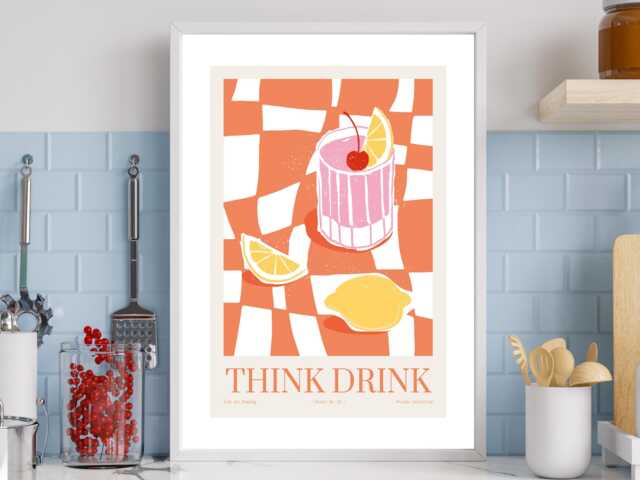 Think Drink - Wall Print Abstract Cocktail Friend Funky Colourful Bar Gift Idea Bespoke Poster A5 A4 A3 Framed Or Unframed - image 1