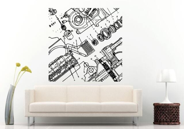 Car Vehicle Automobile Engine Motor Parts Blueprint Wall Decal Vinyl Sticker Mural Room Decor L847 - image 1