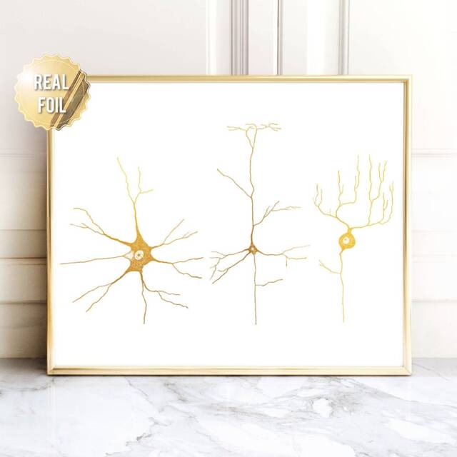 Gold Foil Neuron Art Print Neuroscience Gift, Brain Cell Illustration - image 1