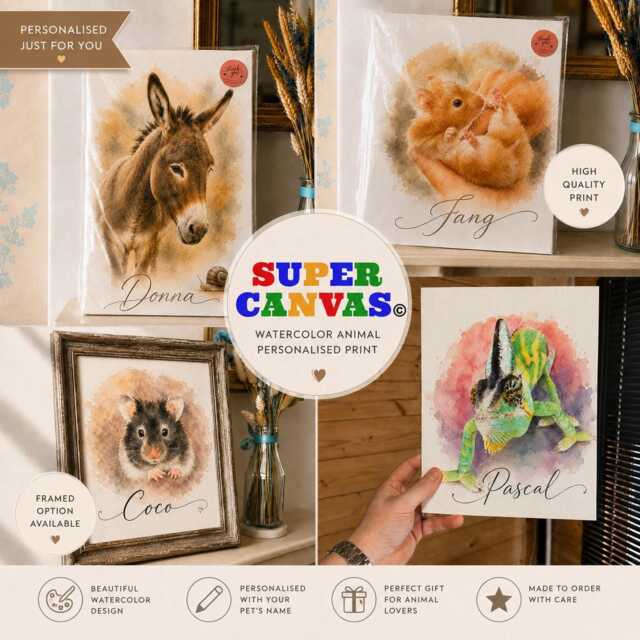 Watercolour Pet Cat Dog Hamster Lizard Snake Rabbit Horse Bird Painting Portrait Print From Photo Memorial Framed Unique Artwork Gift - image 1