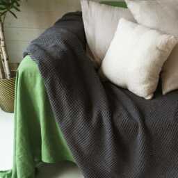 Linen Waffle Blanket in Charcoal. Dark Sofa Cover. Bed Spread - thumbnail 3