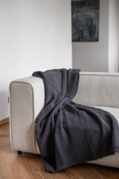 Linen Waffle Blanket in Charcoal. Dark Sofa Cover. Bed Spread - thumbnail 1