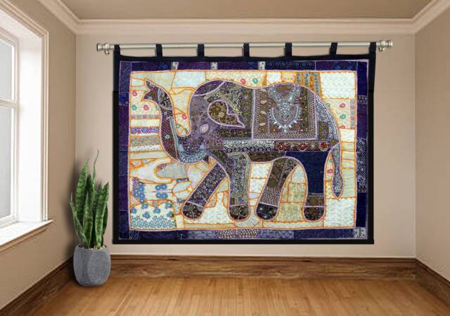 Vintage Elephant Tapestry Bohemian Patchwork Wall Hanging, Beaded Embroidery - 80x100 Inches - image 1