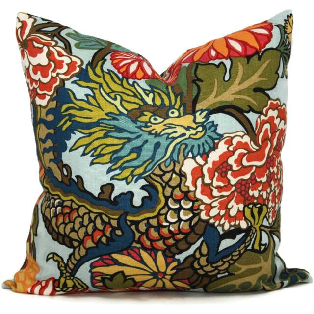 Aquamarine Chiang Mai Dragon Pillow Cover - Schumacher Linen Throw - image 1