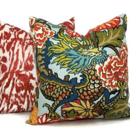 Aquamarine Chiang Mai Dragon Pillow Cover - Schumacher Linen Throw - thumbnail 3