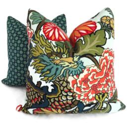 Aquamarine Chiang Mai Dragon Pillow Cover - Schumacher Linen Throw - thumbnail 2