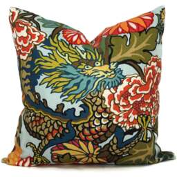 Aquamarine Chiang Mai Dragon Pillow Cover - Schumacher Linen Throw - thumbnail 1