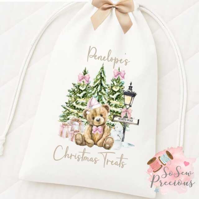 Personalised Printed Christmas Treats Santa Sack, Bow , Personalized Stockings