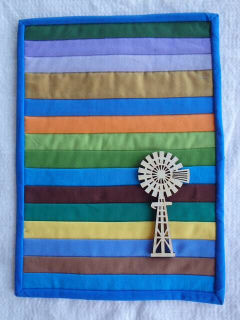 Quilted Desert Landscape Wall Hanging With Wooden Windmill - image 1