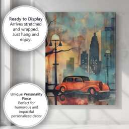 Vintage Red Classic Car Urban Skyline Watercolour Canvas Wall Art Print Decor Picture Ready To Hang - thumbnail 3