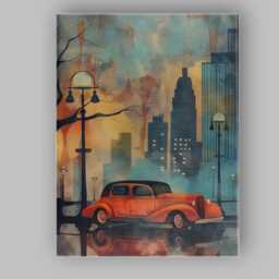 Vintage Red Classic Car Urban Skyline Watercolour Canvas Wall Art Print Decor Picture Ready To Hang - thumbnail 1