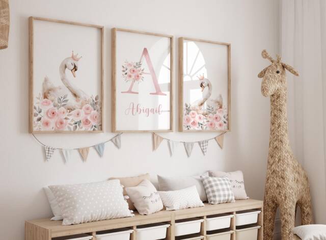 Personalised Swan Ballet Print Set Pink Floral Nursery Decor With Name - image 1