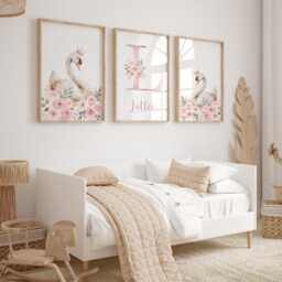 Personalised Swan Ballet Print Set Pink Floral Nursery Decor With Name - thumbnail 3