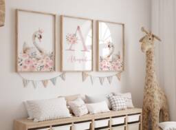 Personalised Swan Ballet Print Set Pink Floral Nursery Decor With Name - thumbnail 1