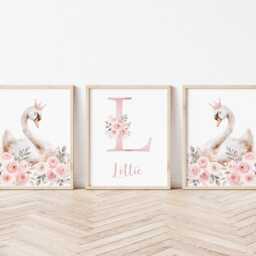 Personalised Swan Ballet Print Set Pink Floral Nursery Decor With Name - thumbnail 2