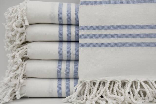 "Turkish Towel, Bath Towel, Beach Towel, White Peshtemal, Blue Striped Towel, 40""x68" - image 1