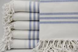 "Turkish Towel, Bath Towel, Beach Towel, White Peshtemal, Blue Striped Towel, 40""x68" - thumbnail 1