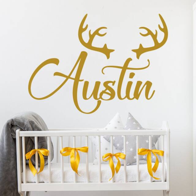 Vinyl Name Wall Decal, Deer Antler Rustic Nursery Decor, Personalized Sticker. Boys Hunting Themed Woodland - Ma38 - image 1