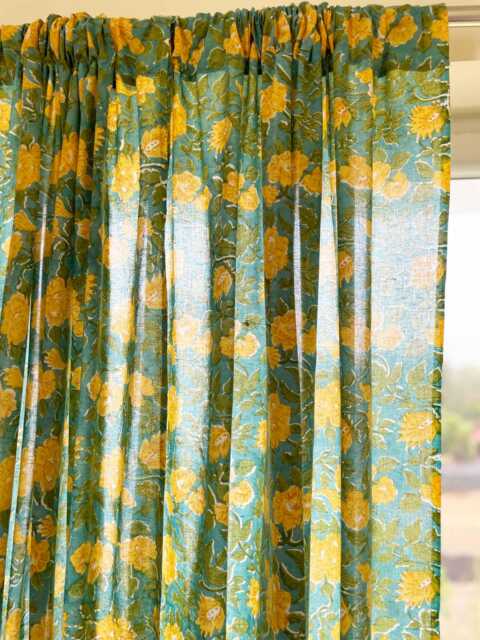 Handmade Floral Cotton Curtain Panels in Green & Mustard, Rod Pocket Style, 45x84 - image 1