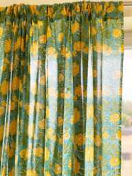 Handmade Floral Cotton Curtain Panels in Green & Mustard, Rod Pocket Style, 45x84 - thumbnail 1