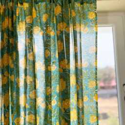 Handmade Floral Cotton Curtain Panels in Green & Mustard, Rod Pocket Style, 45x84 - thumbnail 2