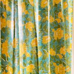 Handmade Floral Cotton Curtain Panels in Green & Mustard, Rod Pocket Style, 45x84 - thumbnail 3