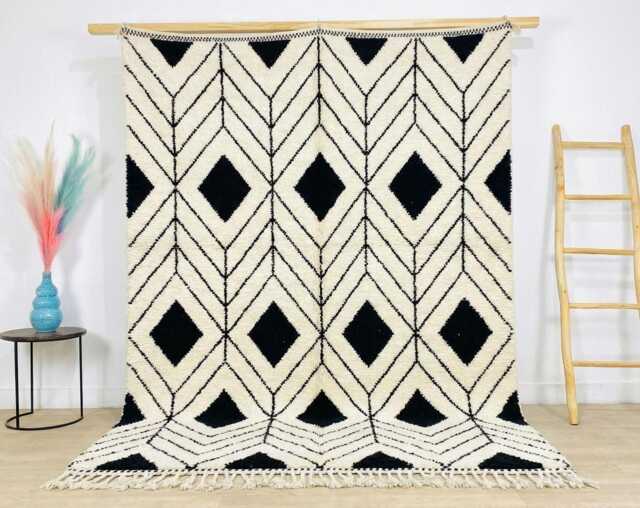 White & Black Diamond Moroccan Rug - Berber Shag Geometric Wool Carpet Area Modern - image 1