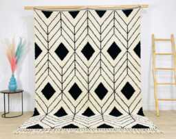 White & Black Diamond Moroccan Rug - Berber Shag Geometric Wool Carpet Area Modern - thumbnail 1