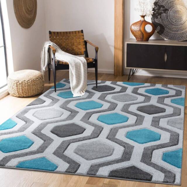 New Small Large Teal Blue Silver Grey Hexagon Design Area Rugs Mats - image 1