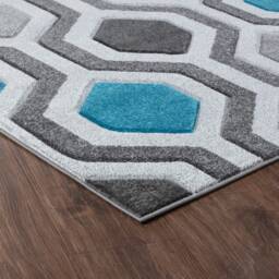 New Small Large Teal Blue Silver Grey Hexagon Design Area Rugs Mats - thumbnail 2