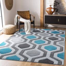 New Small Large Teal Blue Silver Grey Hexagon Design Area Rugs Mats - thumbnail 1