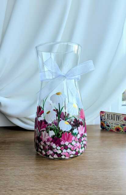 Hand Painted Vase, Pink Flower Glass Floral Decor - image 1