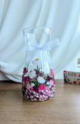 Hand Painted Vase, Pink Flower Glass Floral Decor - thumbnail 1