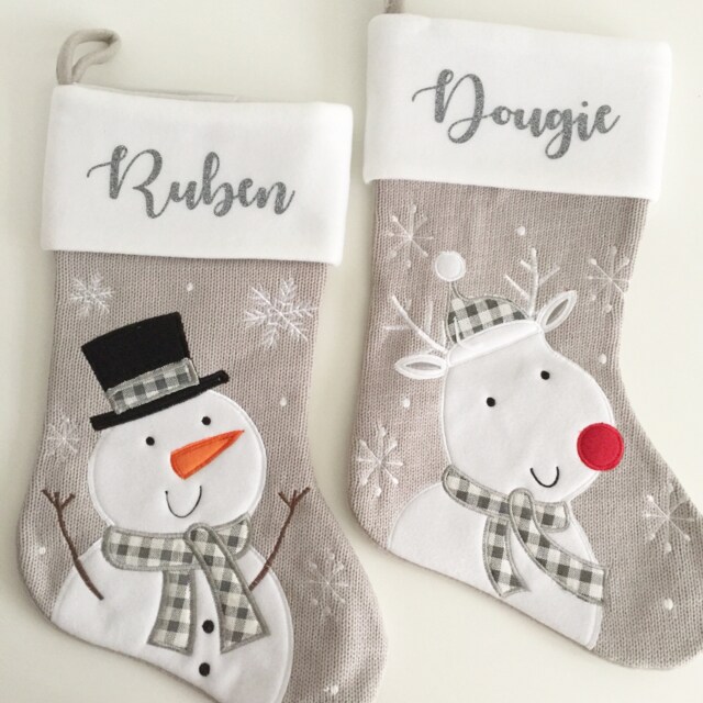 Personalised Light Grey Knitted Stocking - Stocking Christmas Snowman Santa Reindeer Penguin - image 1
